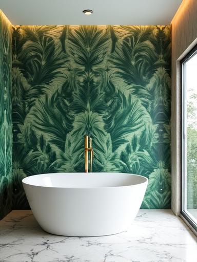 Bagno di lusso con carta da parati impermeabile a motivi di foglie di palma.